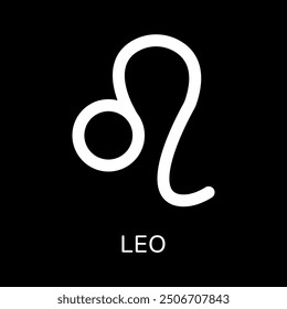 Leo zodiac sign icon. White line icon on black background. Tattoo leo zodiac symbol. Astrological calendar. Zodiacal horoscope. Vector illustration.