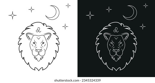 Leo zodiac sign, illustration in black and white. Horoscope symbol icon vector graphics, cards, symbol, tattoo, astrology.