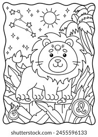 Leo zodiac sign. Kawaii. Cute characters. Coloring page, page, book, black and white vector illustration.