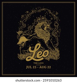 Leo Zodiac Sign Line Art–Majestic Vintage Illustration of The Lion with Solar Elements  Astrology and Horoscope Design