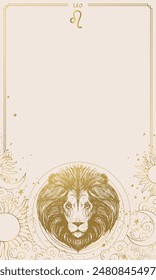 Leo zodiac sign with lion head illustration in gold on a beige background. Astrological vector template with copy space for design and print. Horoscope and celestial concept.