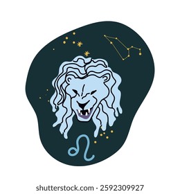 Leo, zodiac sign. Lion, horoscope symbol. Astrological animal sticker, celestial icon. Star constellation character, sky. Hand drawn vector illustration.