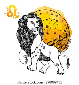 Leo zodiac sign .Lion Horoscope constellation,stars in circle composition.Yellow Watercolor splash texture,hand painting.White background.Symbol of fire.Wild  animal.Artistic Vector  Illustration. 
