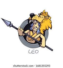 Leo zodiac sign man flat cartoon vector illustration. Astrological symbol personality, caveman in lion skin with spear. Ready to use 2d character for commercial, printing design. Isolated concept icon