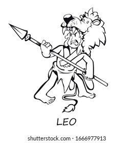 Leo zodiac sign man outline cartoon vector illustration. Caveman in lion skin with spear. Ready to use 2d character template for commercial, animation, printing design. Isolated comic hero
