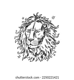 Leo Zodiac sign. Modern magic Astrological symbol. Illustration of horoscope. Boho design for witchcraft card. Hand drawn Engraved old monochrome sketch.