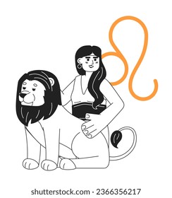 Leo zodiac sign monochrome concept vector spot illustration. Brave young woman with lion 2D flat bw cartoon character for web UI design. Astrology isolated editable hand drawn hero image