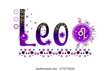 Leo. Signo zodiaco. Señal de la luna. Etiqueta de signo de astrología. Vector de horóscopo. Título védico de la señal. Etiqueta de astrología. Insignia de astronomía. Ilustración bursátil. Texto de la carta. Estrellas y patrones.