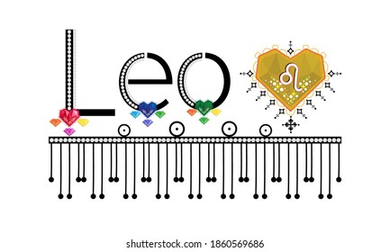 Leo. Zodiac sign. Moon sign. Astrology sign gemstone label. Horoscope vector. Vedic sign title. Astrology sticker. Astronomy badge. Stock illustration. Lettering text. Gems and patterns.