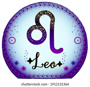 Leo zodiac sign. Moon sign label. Astrology sign. Horoscope vector. Vedic sign title. Astrology sticker. Astronomy badge. Stock illustration. Purple magical globe. Stars and patterns.