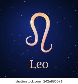 Leo zodiac sign on dark blue starry sky. Leo symbol. Astronomy, astrology, horoscope. Cosmos. Fifth zodiac sign - the ruler planet Sun. Element - Fire. The Lion. Vector illustration