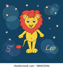 Leo zodiac sign on night sky background with stars. Design elements for calendars or cards. Vector illustration in cartoon style