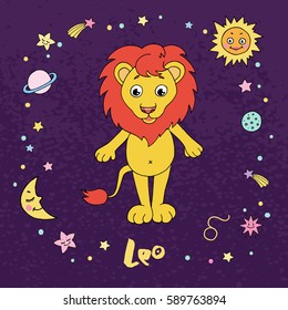 Leo zodiac sign on night sky background with stars, sun, moon and planets. Design elements for calendars or cards. Vector illustration in cartoon style