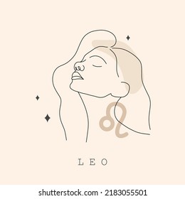 Leo zodiac sign. One line drawing. Astrological icon with abstract woman face. Mystery and esoteric outline logo. Horoscope symbol. Linear vector illustration in minimalist style.