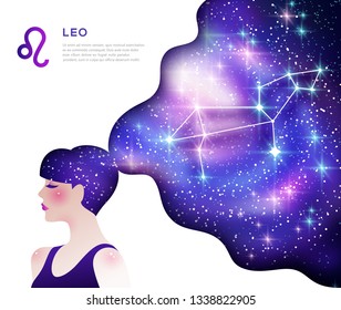 Leo zodiac sign poster template with text space. Astrological symbol as female cartoon character. Universe and stars in girl hair. Constellation vector illustration for horoscope