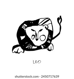 Leo zodiac sign, quirky horoscope icon, hand drawn vector illustration, black line art, tattoo design