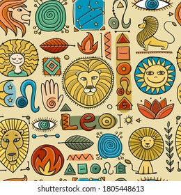 León Zodiac. Fondo de patrón impecable para su diseño. Ilustración del vector