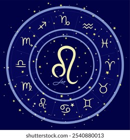 Símbolo do zodíaco Leo em círculo estrelado, rodeado por todos os signos do zodíaco. Perfeito para temas de astrologia, horóscopos visuais e desenhos celestes. Fundo cósmico azul escuro.