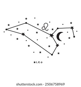 Leo zodiac sign, stars, moon, on white background, boho vector art