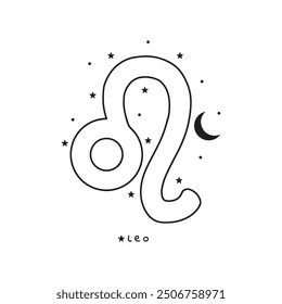 Leo zodiac sign, stars, moon, on white background, boho vector art