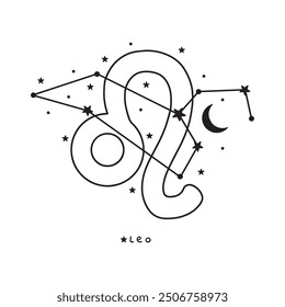 Leo zodiac sign, stars, moon, on white background, boho vector art