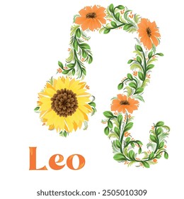 Leo. Zodiac sign stylized in vector. Petrikovka, flowers