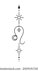 Signo del zodiaco Leo y símbolo tatuaje negro. Geometría sagrada horóscopo diseño de tatuaje, símbolo místico de constelación. Nuevo trabajo de punto de la escuela, arte de línea estilo minimalista tatuaje. Diseño boho.