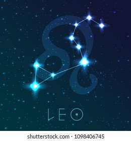 Leo zodiac sign. Vector illustration with constellations and hand-drawn astronomical symbols. Shining stars in the night sky.