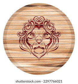 Leo Zodiac Sign Vector Illustration. Lion Horoscope Symbol On A Wooden Board
