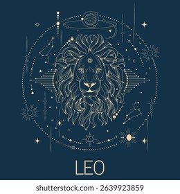  Leo zodiac sign vector line drawn illustration, horoscope character, stars, constellation and celestial elements in line art style