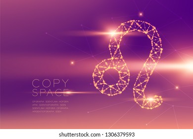 Leo Zodiac sign wireframe polygon futuristic bokeh light frame structure and lens flare, Fortune teller concept design illustration isolated on purple gradients background with copy space