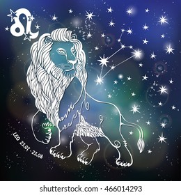 Leo Zodiac sign.Lion Horoscope constellation,stars.Vector Abstract space, dark sky blurred background,stars,shiny bokeh.Design template.Astrology Illustration,Beast,King silhouette
