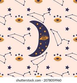 Leo zodiac star seamless pattern. Gold illustration of astrological signs on a beige background. Mystic alchemy symbols. Esoteric magic manuscript. Sacred geometry art.