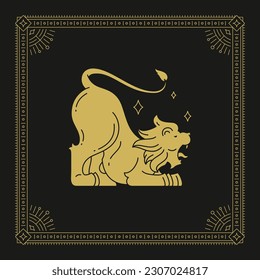 Leo zodiac symbol astrology celestial star esoteric frame line art deco vintage card design vector illustration. Lion horoscope astrological lunar calendar mythology roaring predator with mane artwork