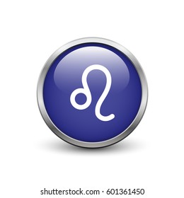 Leo zodiac symbol, blue button with metal frame and shadow