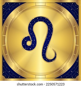 Símbolo Leo Zodiac, lujoso Meander Golden Griego clásico, Letrero estelar estelar, Astrología de Horóscopo, Fortune-Telling y Predicción Futura, Ilustración de diseño de vectores de emblema de elemento.