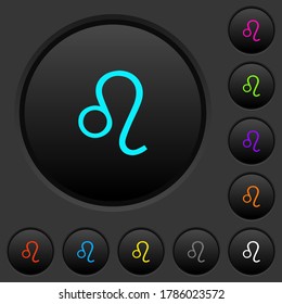 Leo zodiac symbol dark push buttons with vivid color icons on dark grey background