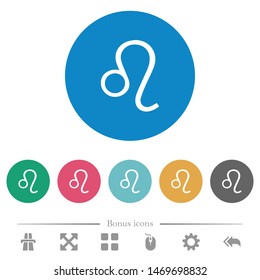 Leo zodiac symbol flat white icons on round color backgrounds. 6 bonus icons included.
