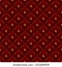 Leo Zodiac Symbol, Golden Luxury Seamless Velvet Lattice Pattern Geometric Backdrop Background, Fire Element Fabric Textile Diamond Tile Texture.