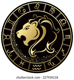 Leo Zodiac symbol in the Golden round frame. Vector illustration.