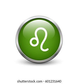 Leo zodiac symbol, green button with metal frame and shadow