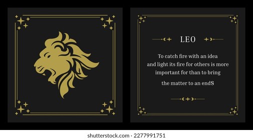 Leo zodiac symbol horoscope astrology lunar calendar description vintage card design template set vector illustration. Lion wild roaring predator esoteric animal constellation future prediction