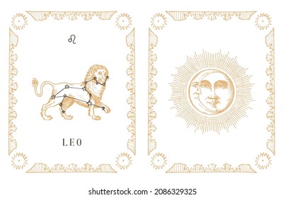 Leo zodiac symbol on constellation background, drawn horoscope card in engraving style. Vintage illustration of astrological sign with Sun and Crescent in vector.