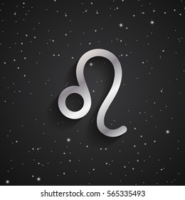 Leo zodiac symbol, silver zodiac icon on the background of black starry sky