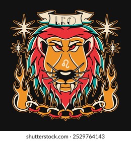 Projeto vetor zodíaco Leo, cartaz gráfico astrologia, horóscopo e design de t-shirt constelação, estilo de tatuagem retro. Design de camiseta zodíaco