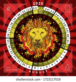 Leo zodiacal circle caledar 2020. Vector astrological illustration