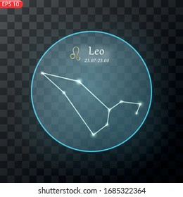 Leo Zodiacal constellation with bright stars. Star sign and dates of birth on deep space background. vector illustration.