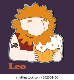 Leo.File contains image of cartoon man with beer mug. Funny zodiac single. Scrap booking style.