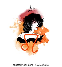 Leo-girl. Zodiac signs girl illustration.Vector sketch and watercolor background.