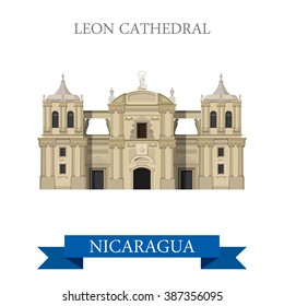 Leon Cathedral in Nicaragua. Flat cartoon style historic sight showplace attraction web site vector illustration. World countries cities vacation travel sightseeing Central America collection.